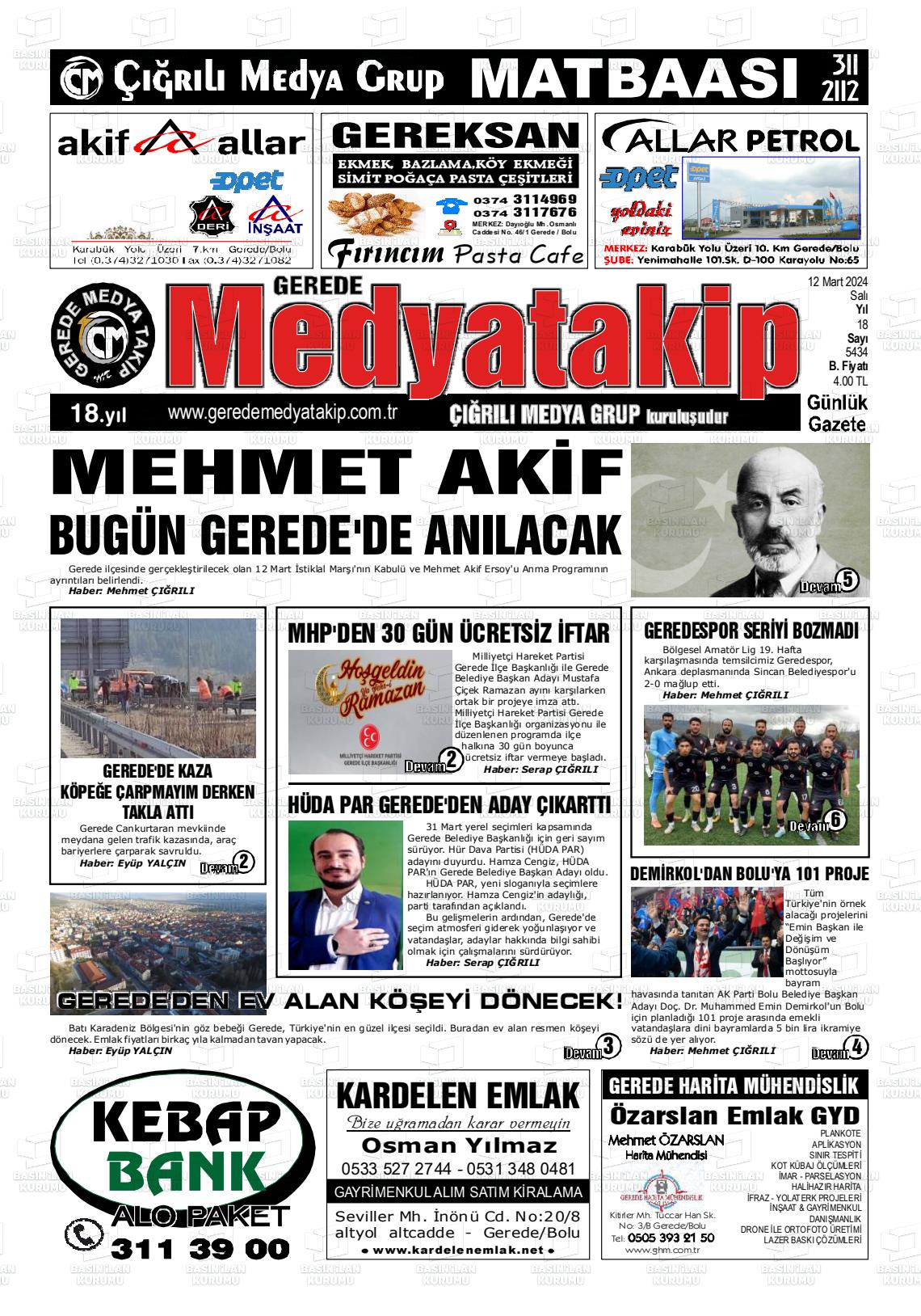 12 Mart 2024 Gerede Medya Takip Gazete Manşeti