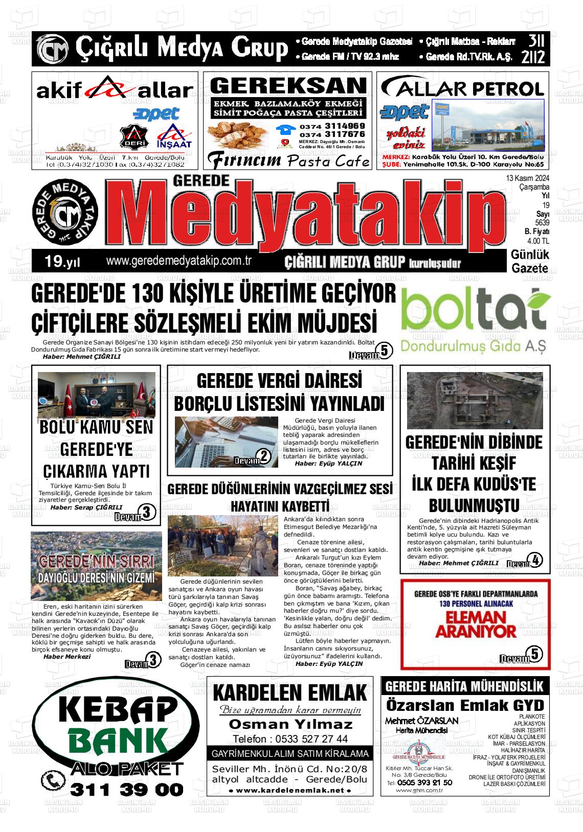 13 Kasım 2024 Gerede Medya Takip Gazete Manşeti