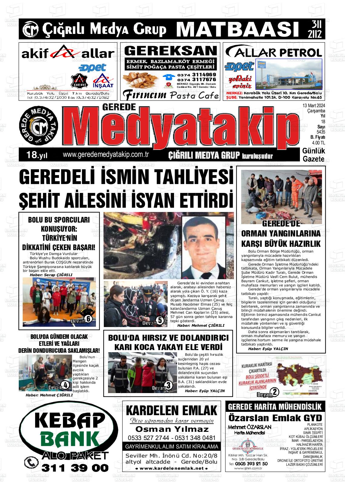 13 Mart 2024 Gerede Medya Takip Gazete Manşeti