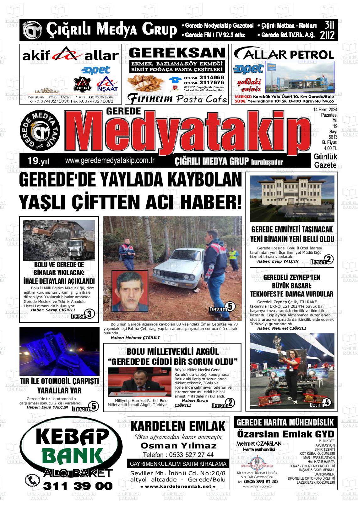 14 Ekim 2024 Gerede Medya Takip Gazete Manşeti