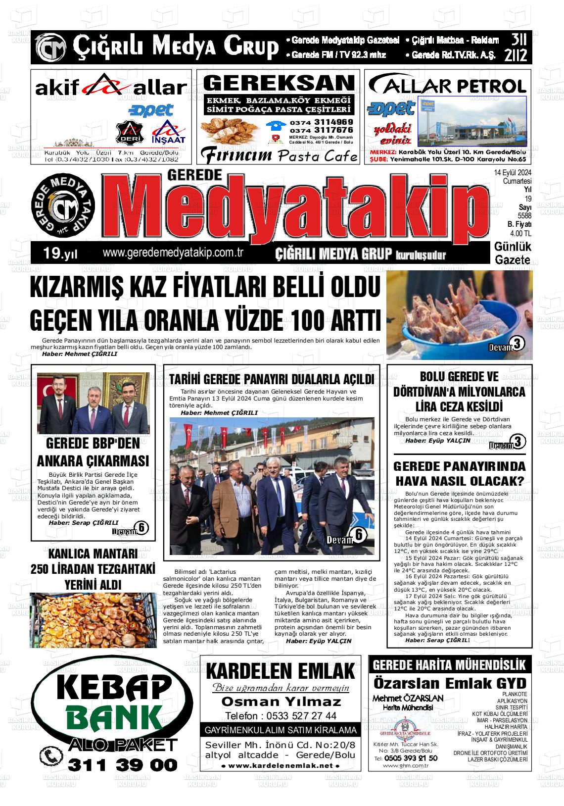 14 Eylül 2024 Gerede Medya Takip Gazete Manşeti