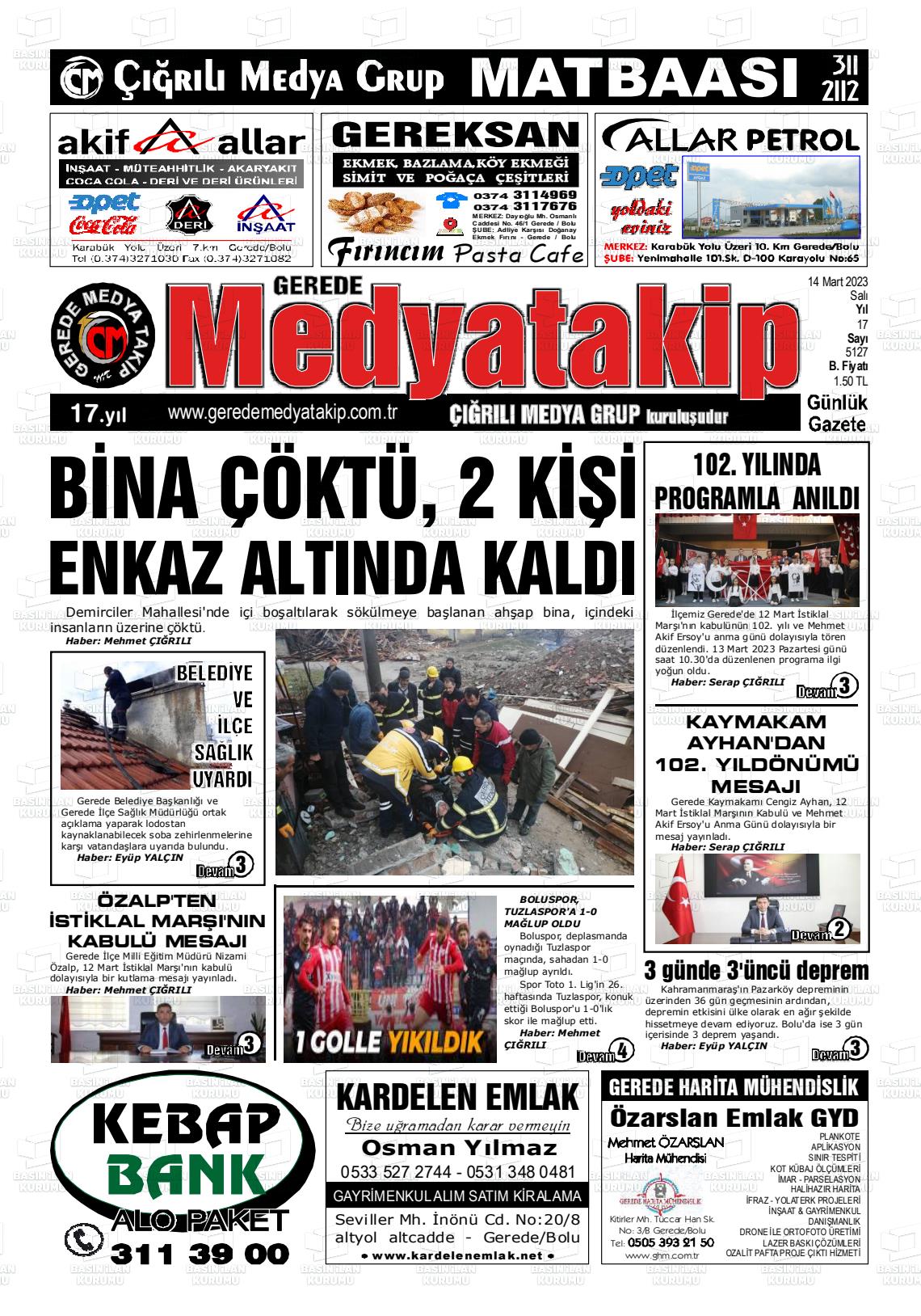 14 Mart 2023 Gerede Medya Takip Gazete Manşeti