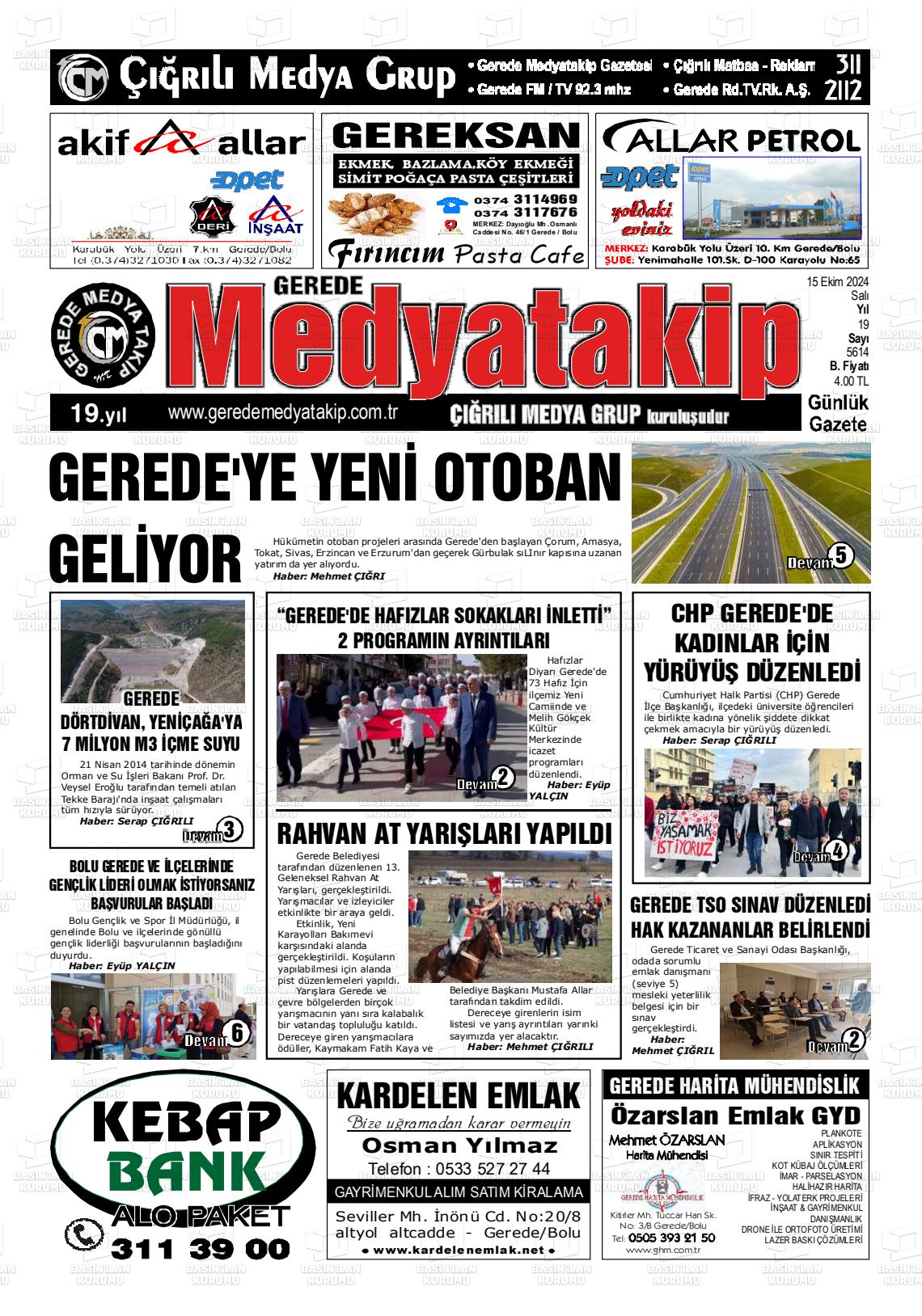 15 Ekim 2024 Gerede Medya Takip Gazete Manşeti