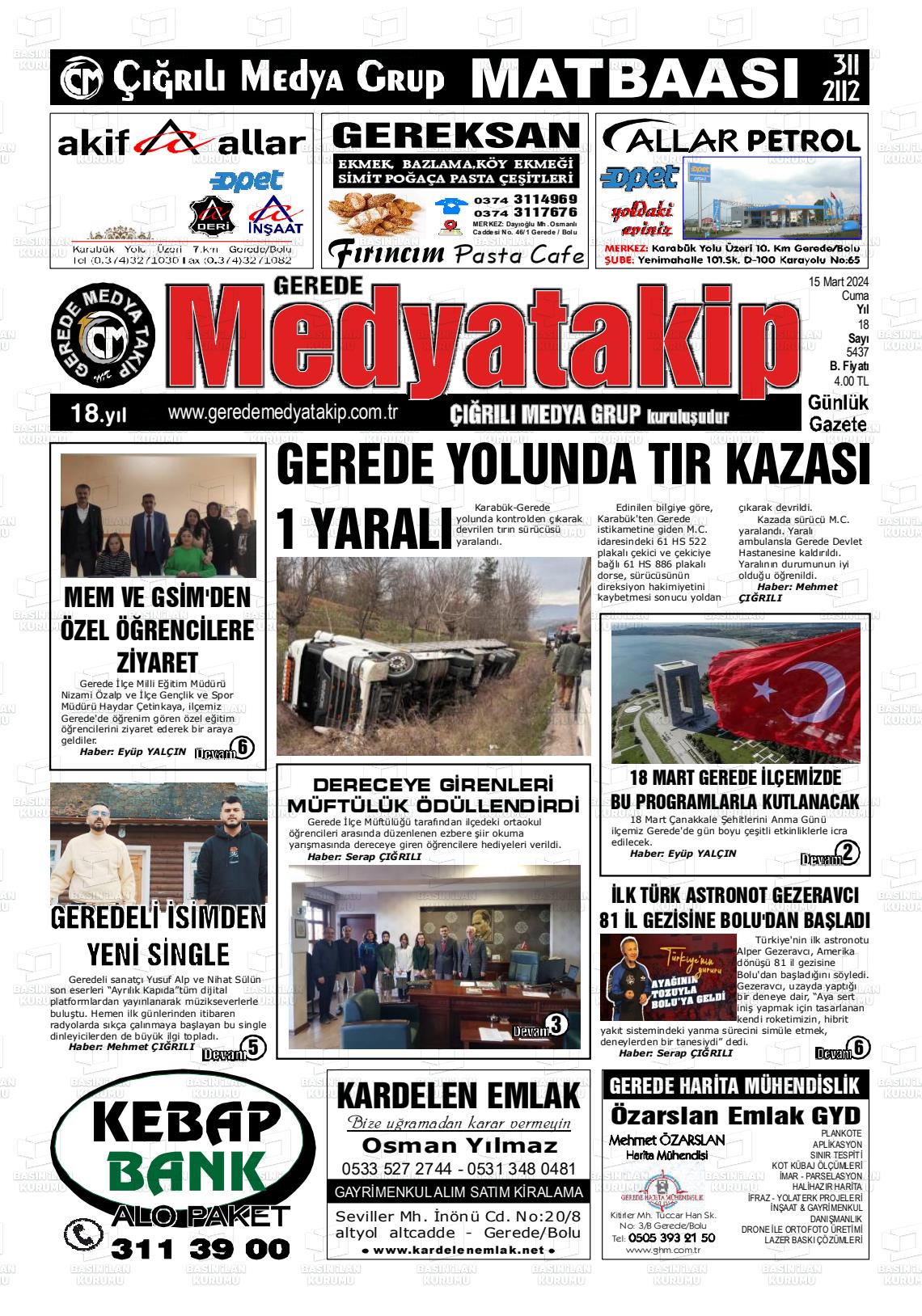 15 Mart 2024 Gerede Medya Takip Gazete Manşeti