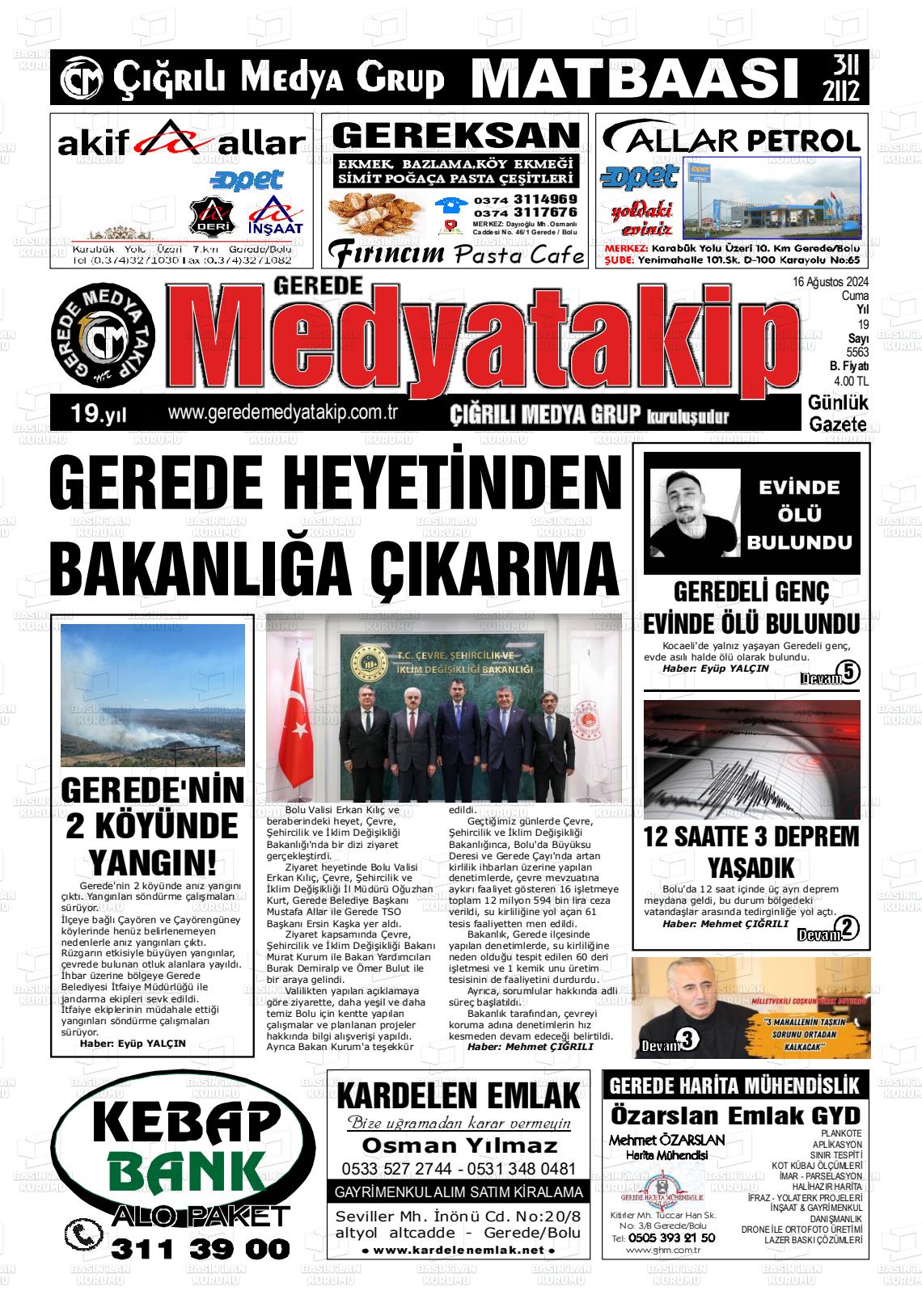 16 Ağustos 2024 Gerede Medya Takip Gazete Manşeti