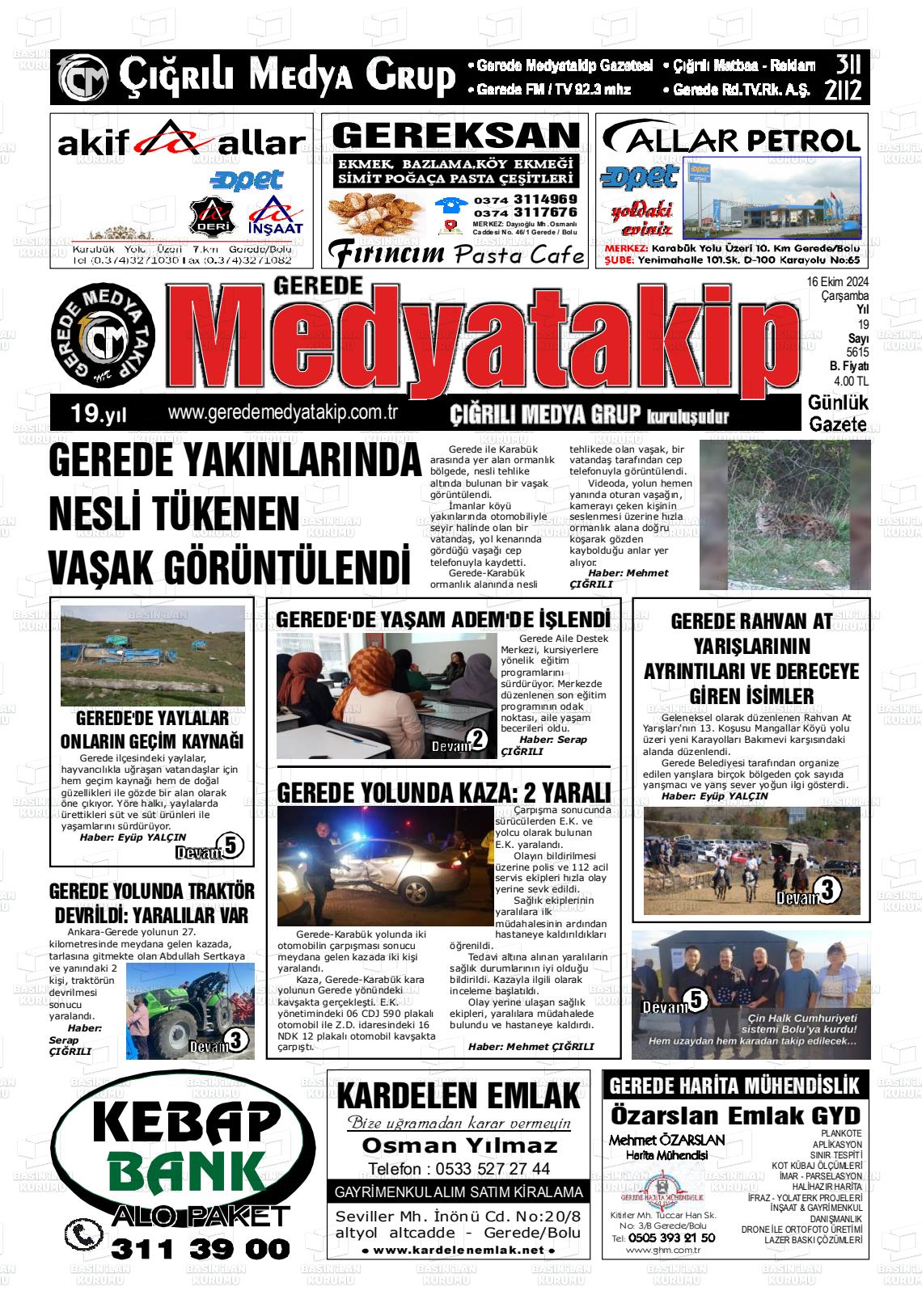 16 Ekim 2024 Gerede Medya Takip Gazete Manşeti