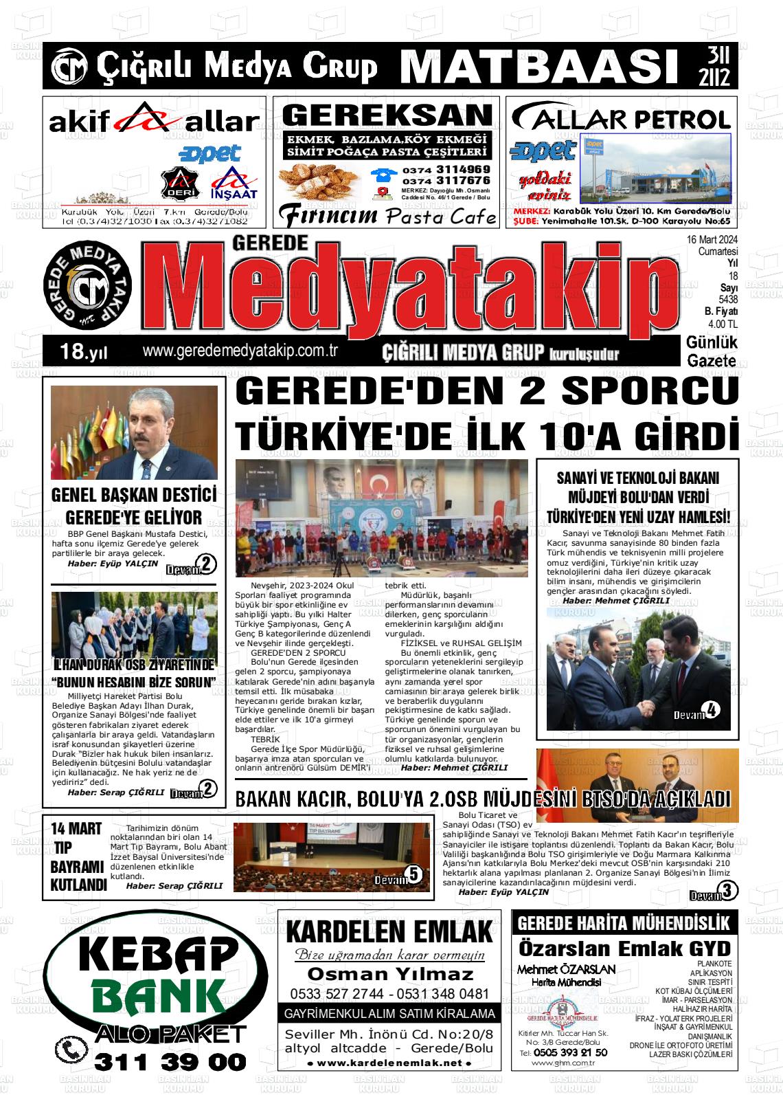 16 Mart 2024 Gerede Medya Takip Gazete Manşeti