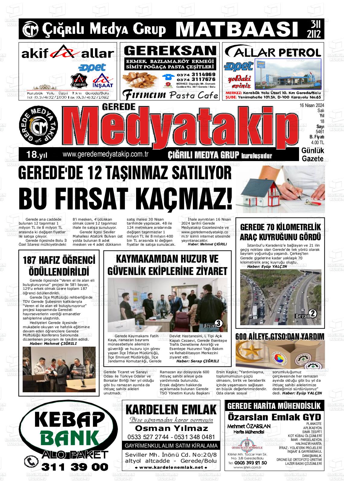 16 Nisan 2024 Gerede Medya Takip Gazete Manşeti