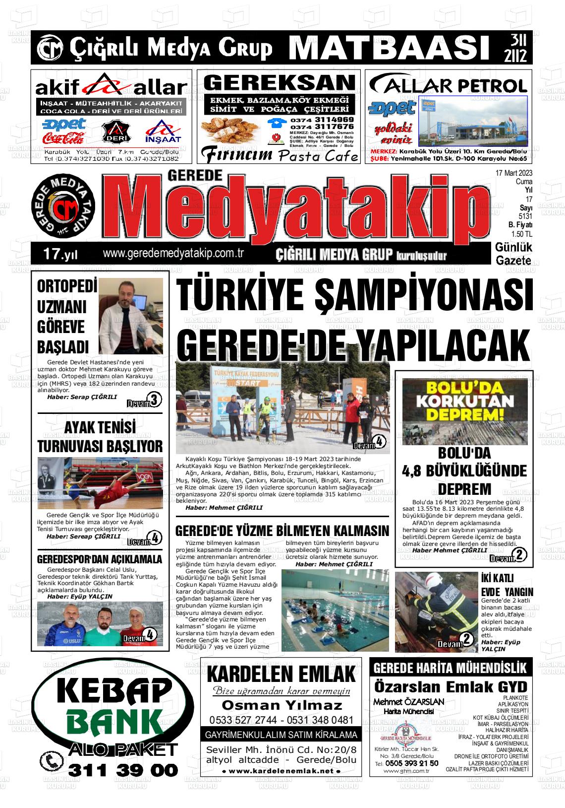 17 Mart 2023 Gerede Medya Takip Gazete Manşeti