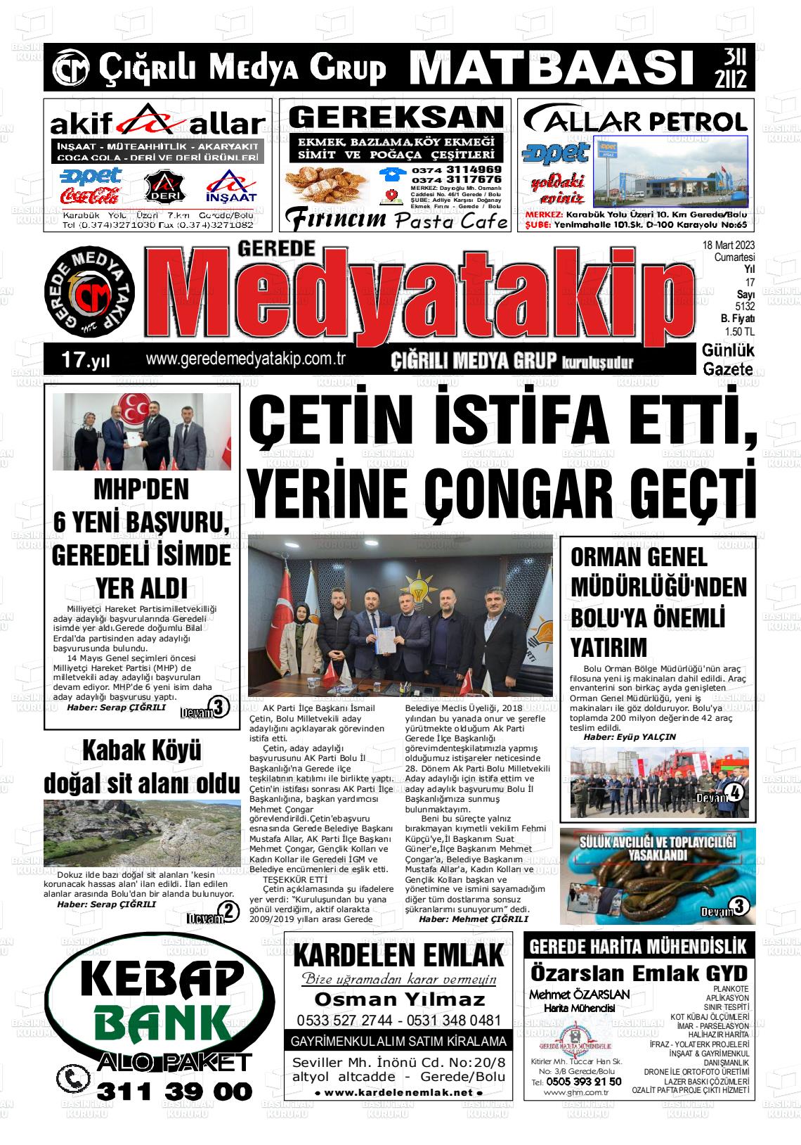 18 Mart 2023 Gerede Medya Takip Gazete Manşeti