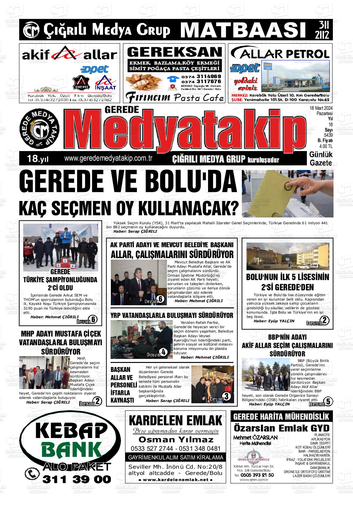 18 Mart 2024 Gerede Medya Takip Gazete Manşeti