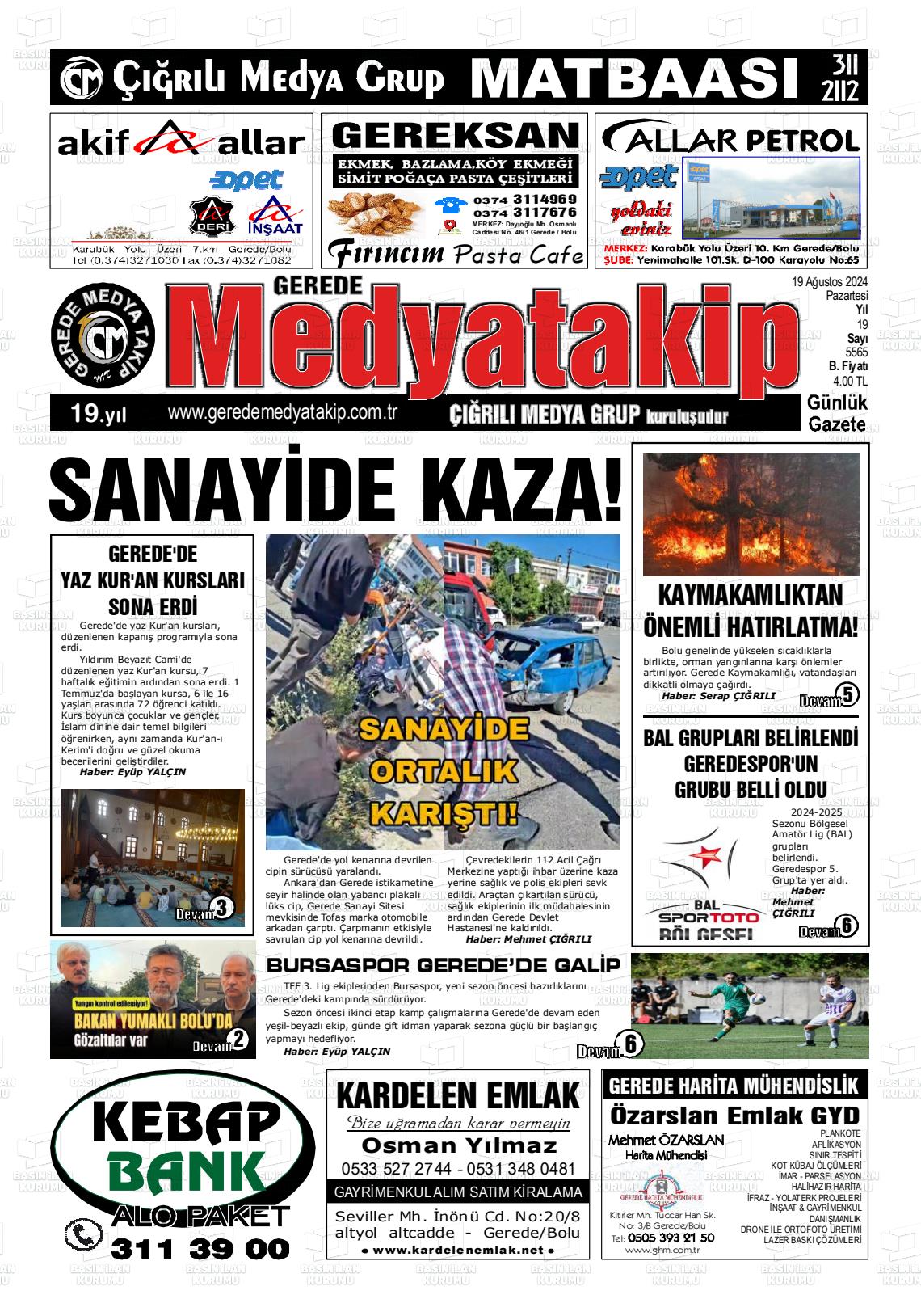 19 Ağustos 2024 Gerede Medya Takip Gazete Manşeti