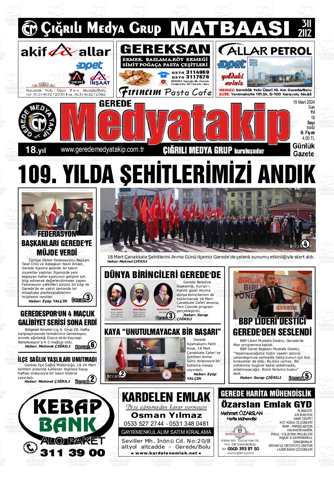 19 Mart 2024 Gerede Medya Takip Gazete Manşeti