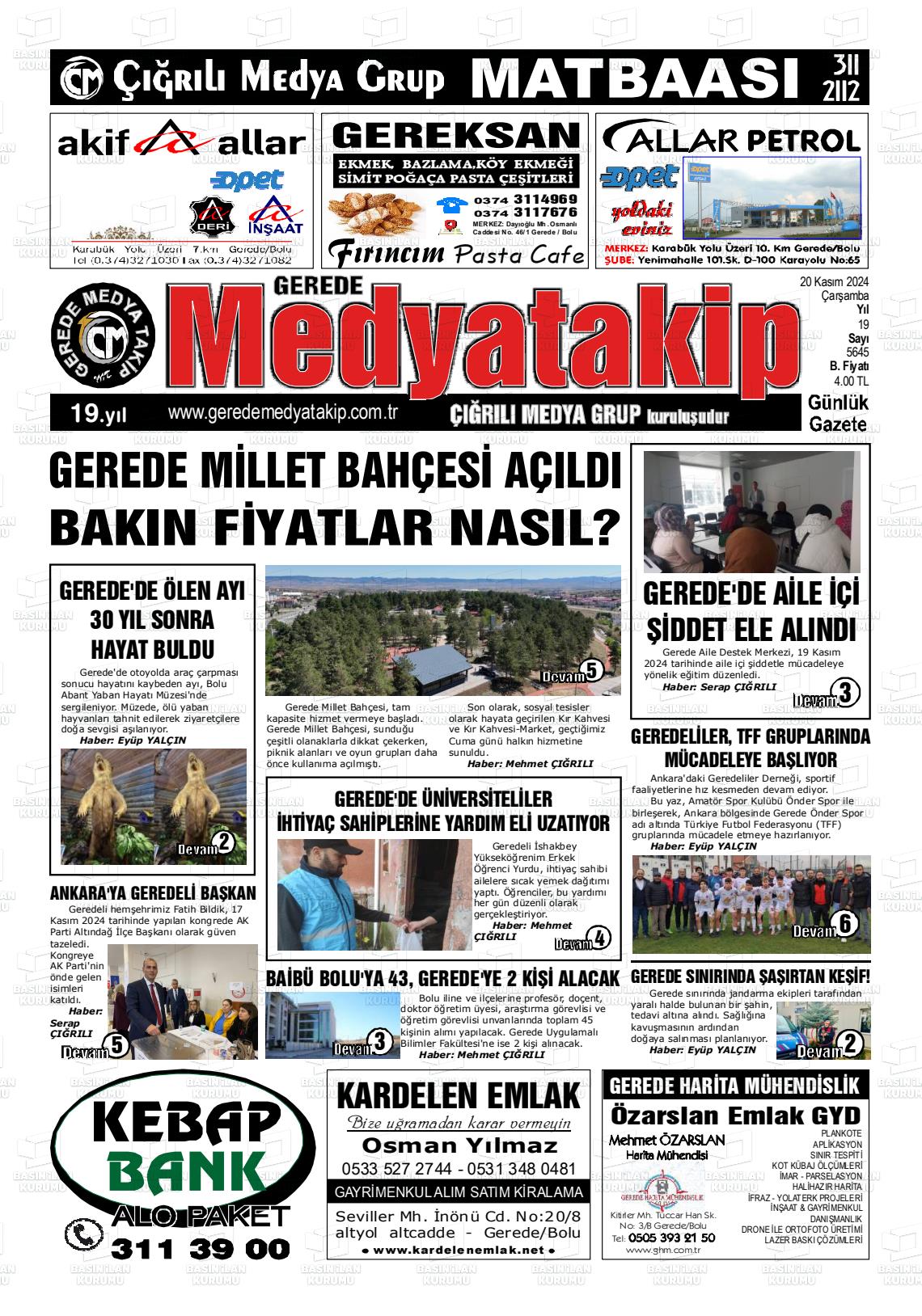 20 Kasım 2024 Gerede Medya Takip Gazete Manşeti