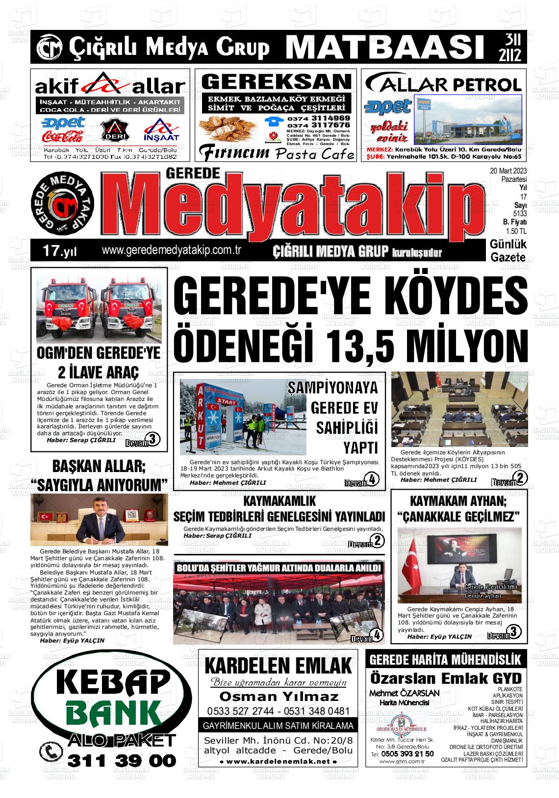 20 Mart 2023 Gerede Medya Takip Gazete Manşeti