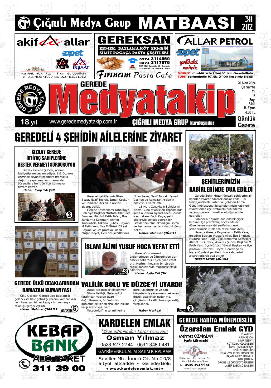 20 Mart 2024 Gerede Medya Takip Gazete Manşeti