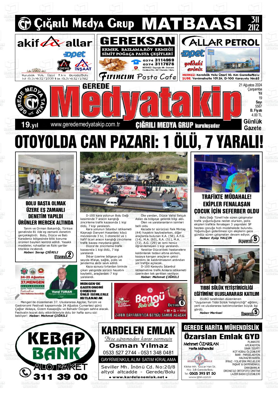 21 Ağustos 2024 Gerede Medya Takip Gazete Manşeti