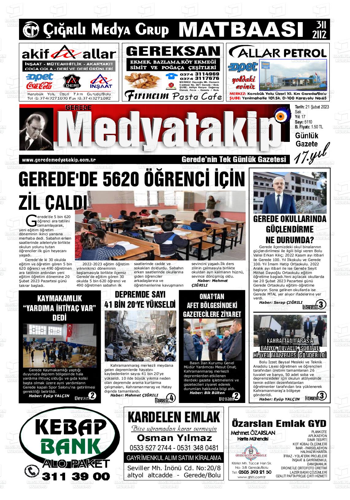 21 Şubat 2023 Gerede Medya Takip Gazete Manşeti