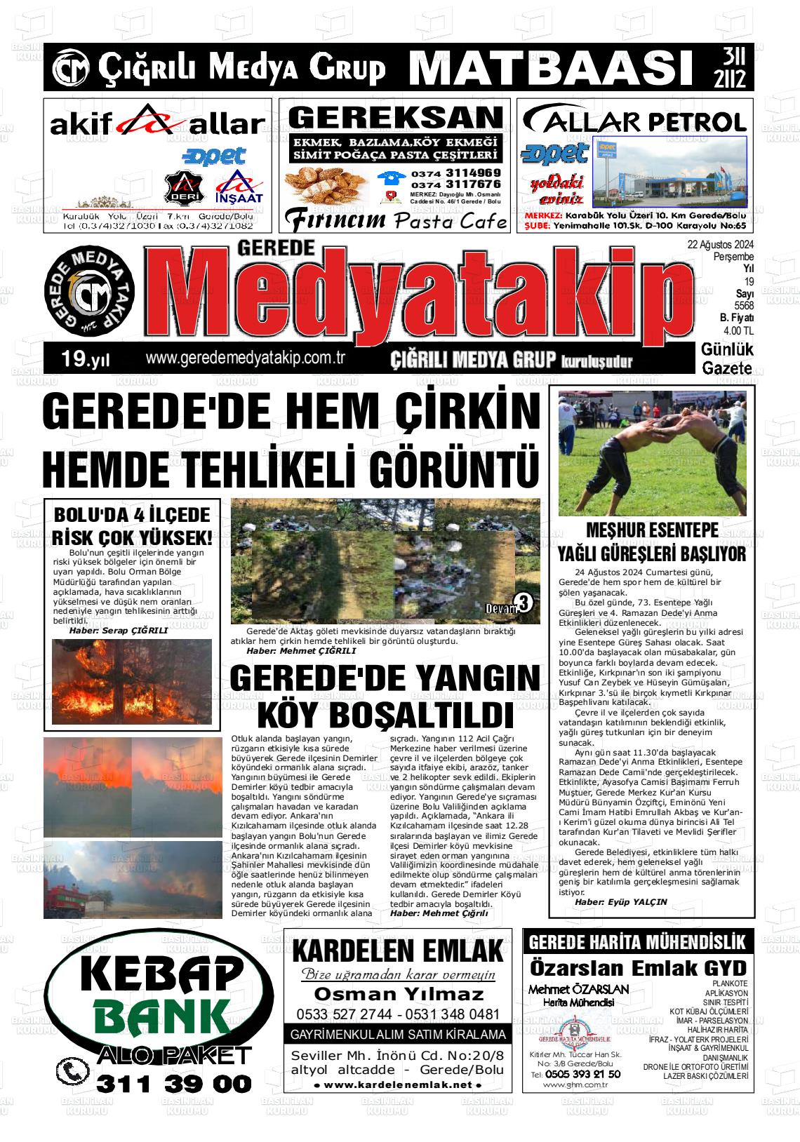 22 Ağustos 2024 Gerede Medya Takip Gazete Manşeti