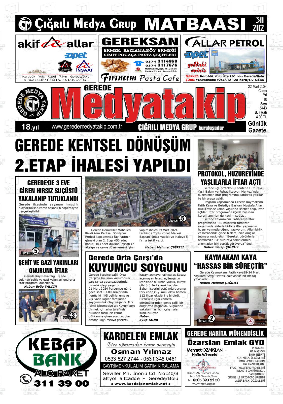 22 Mart 2024 Gerede Medya Takip Gazete Manşeti