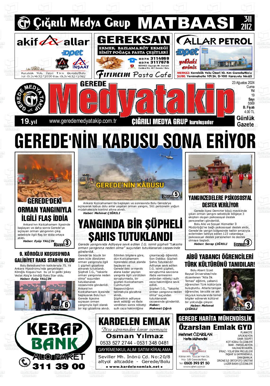 23 Ağustos 2024 Gerede Medya Takip Gazete Manşeti