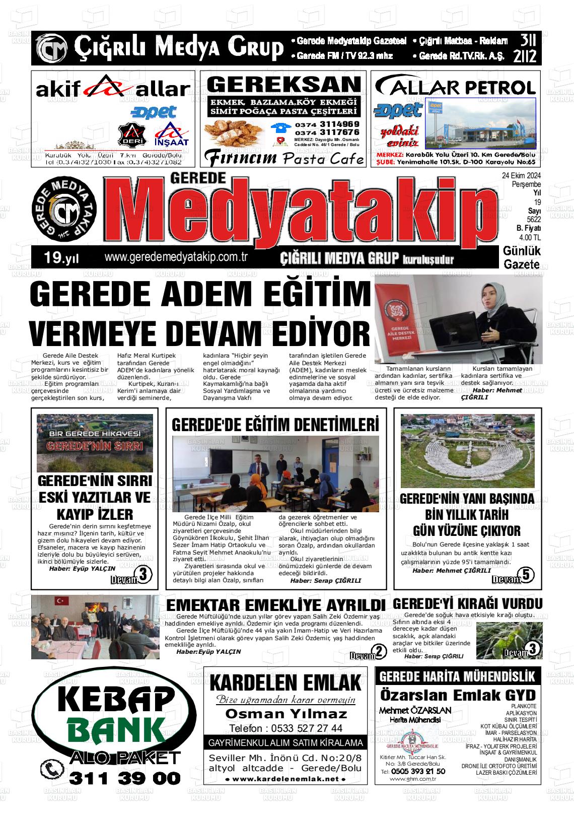 24 Ekim 2024 Gerede Medya Takip Gazete Manşeti