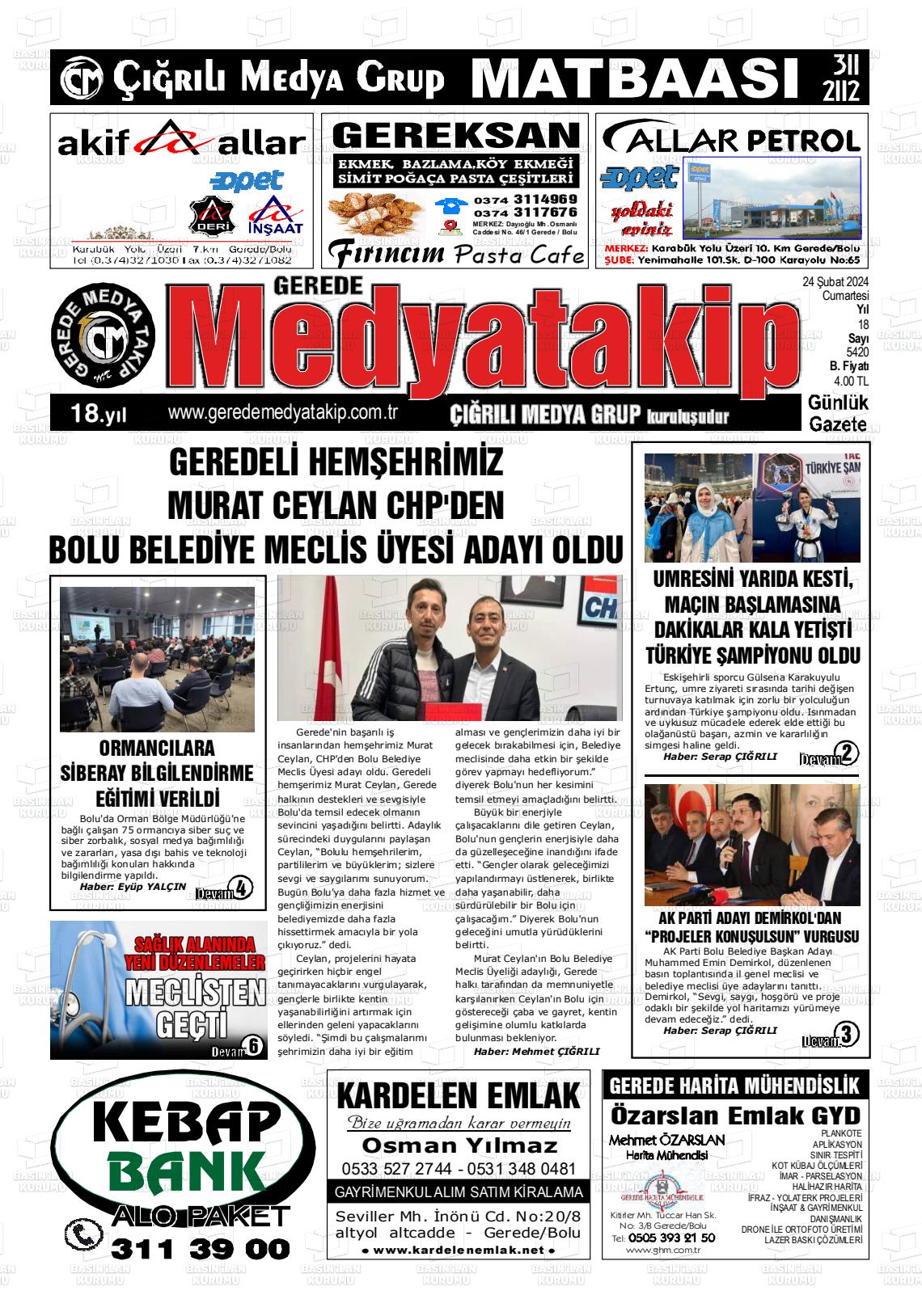 24 Şubat 2024 Gerede Medya Takip Gazete Manşeti