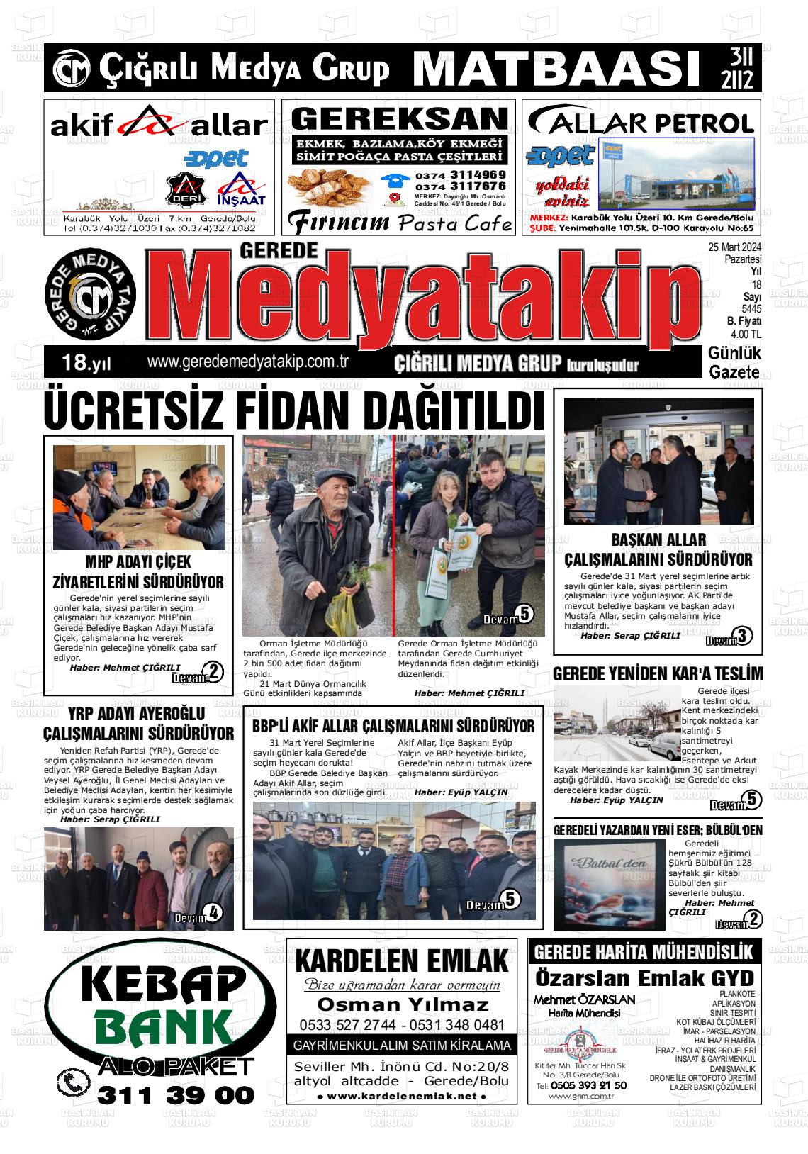 25 Mart 2024 Gerede Medya Takip Gazete Manşeti