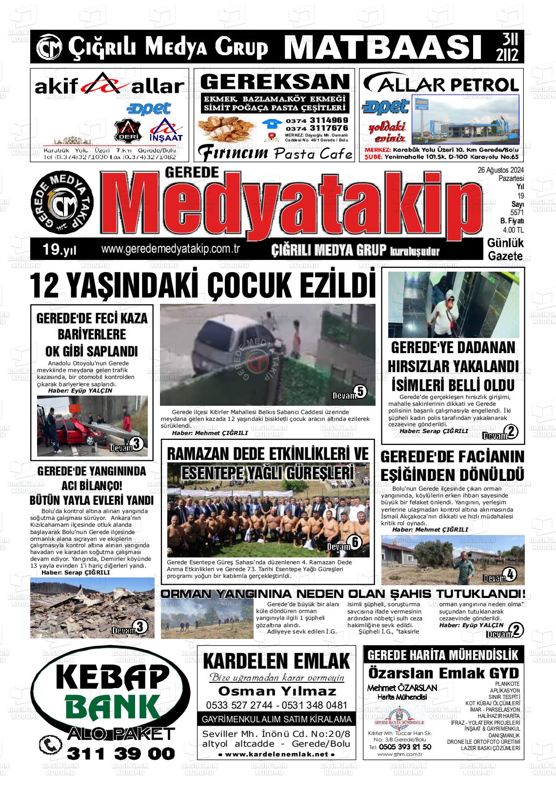 26 Ağustos 2024 Gerede Medya Takip Gazete Manşeti