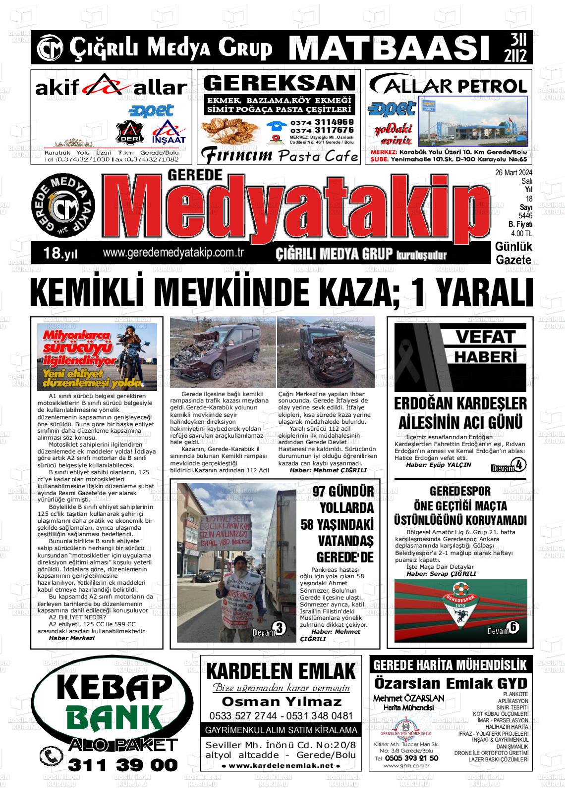 26 Mart 2024 Gerede Medya Takip Gazete Manşeti