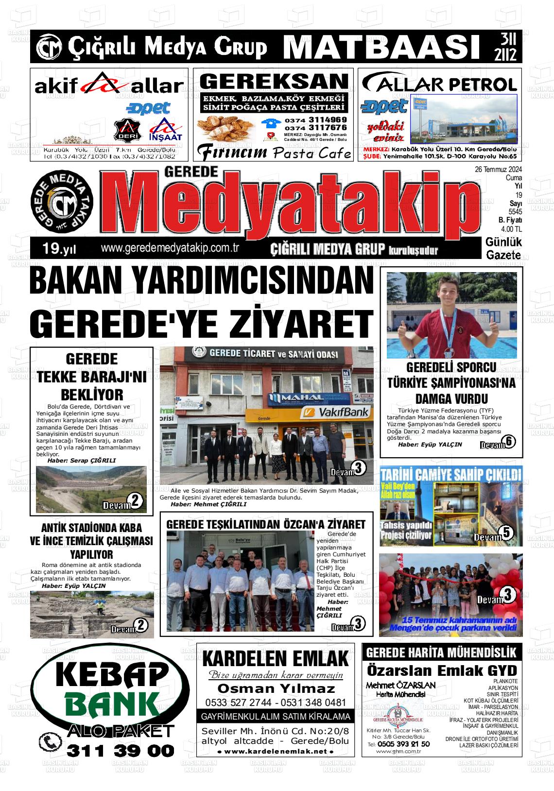 26 Temmuz 2024 Gerede Medya Takip Gazete Manşeti