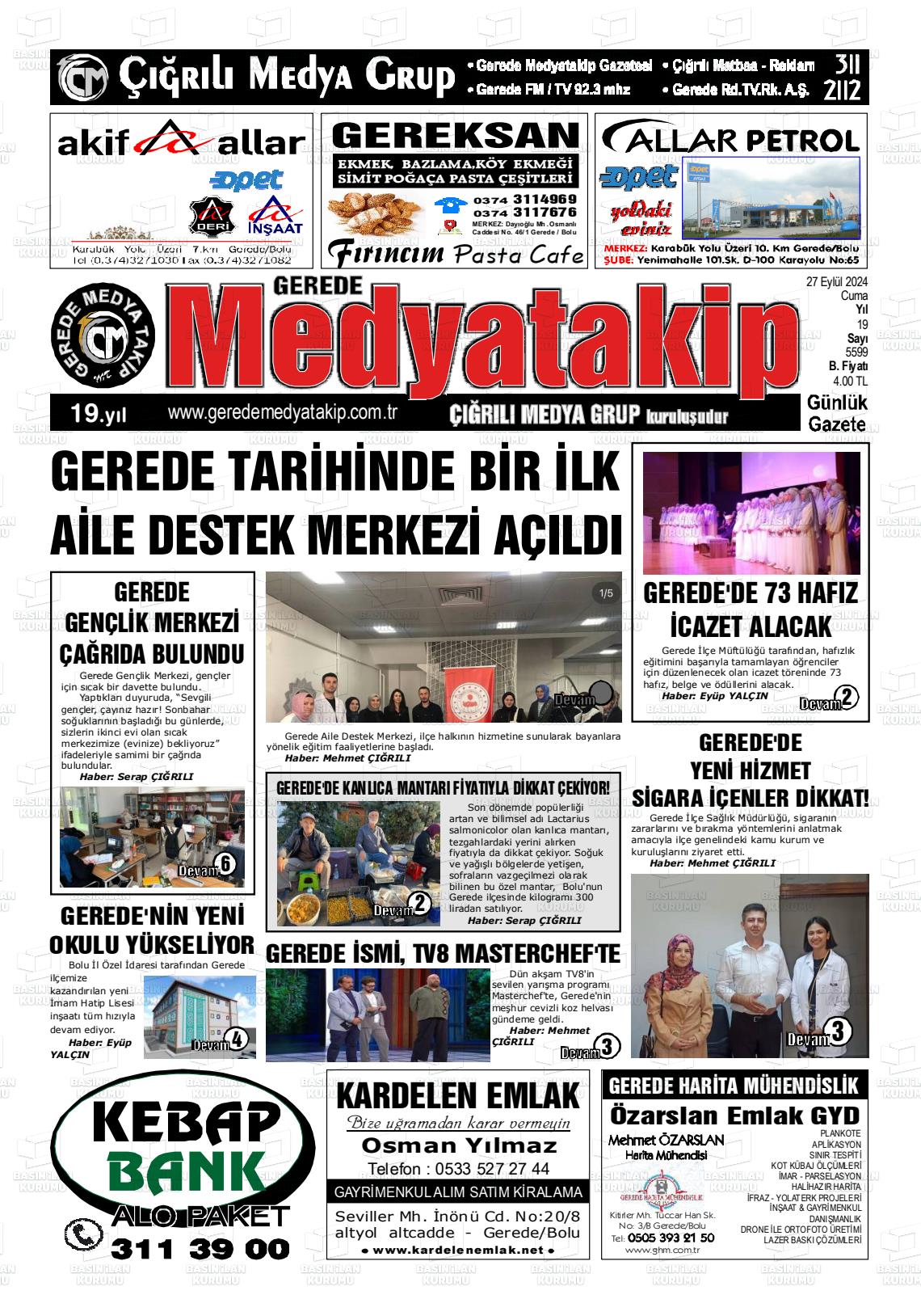 27 Eylül 2024 Gerede Medya Takip Gazete Manşeti