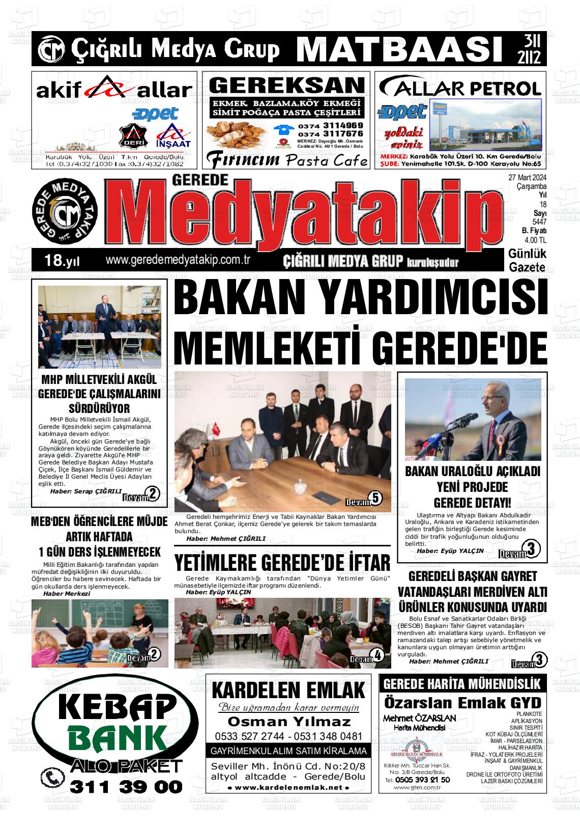 27 Mart 2024 Gerede Medya Takip Gazete Manşeti