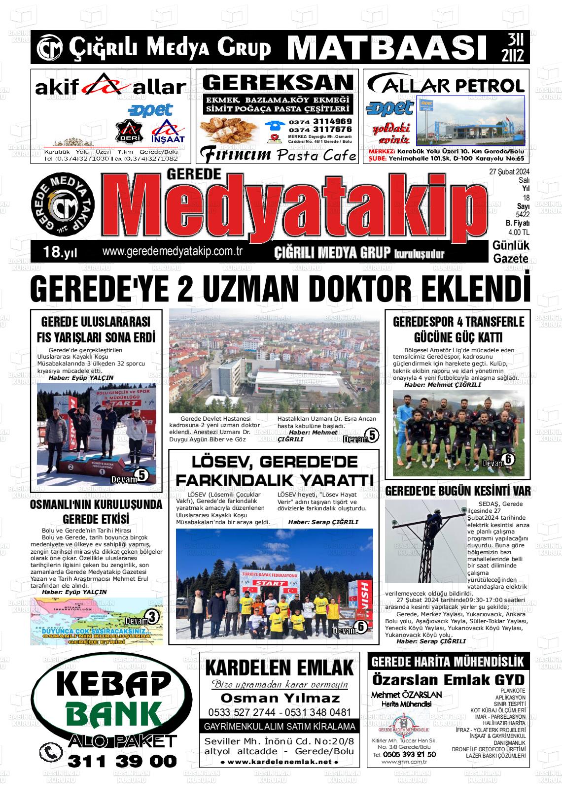 27 Şubat 2024 Gerede Medya Takip Gazete Manşeti