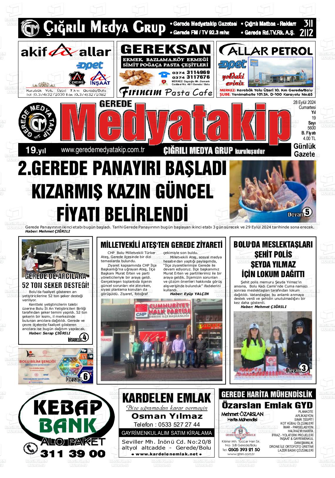 28 Eylül 2024 Gerede Medya Takip Gazete Manşeti