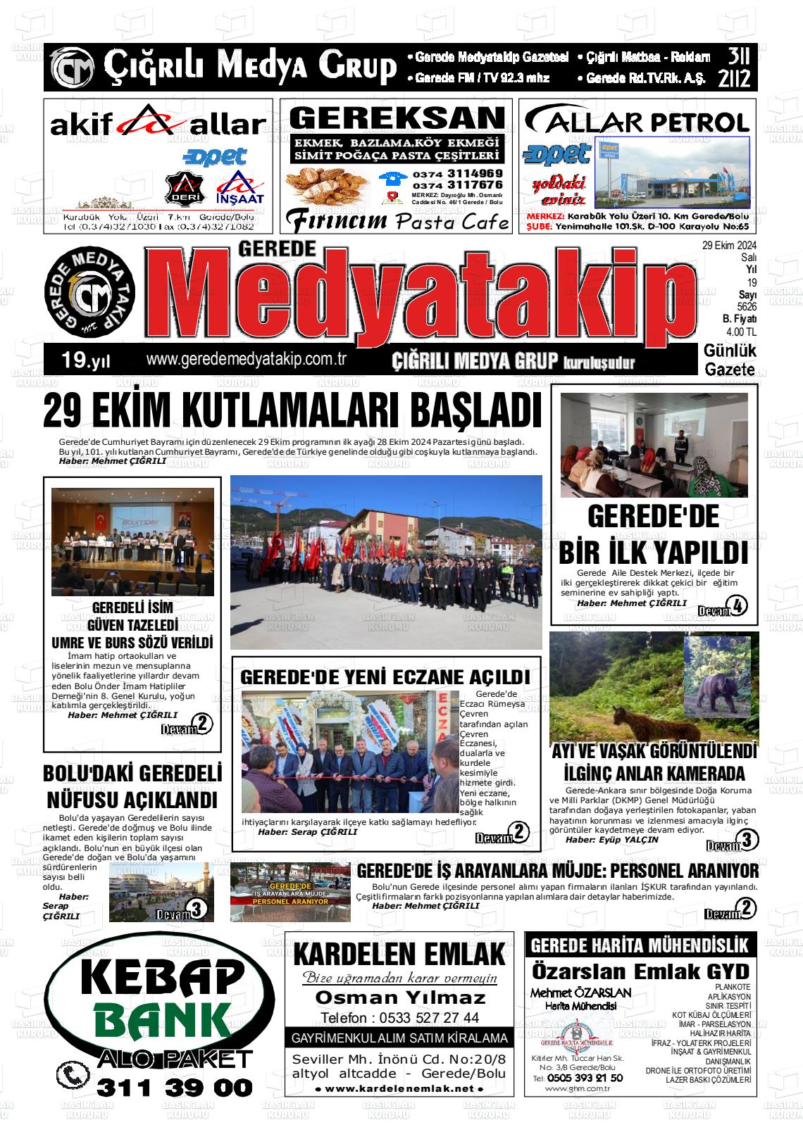 29 Ekim 2024 Gerede Medya Takip Gazete Manşeti