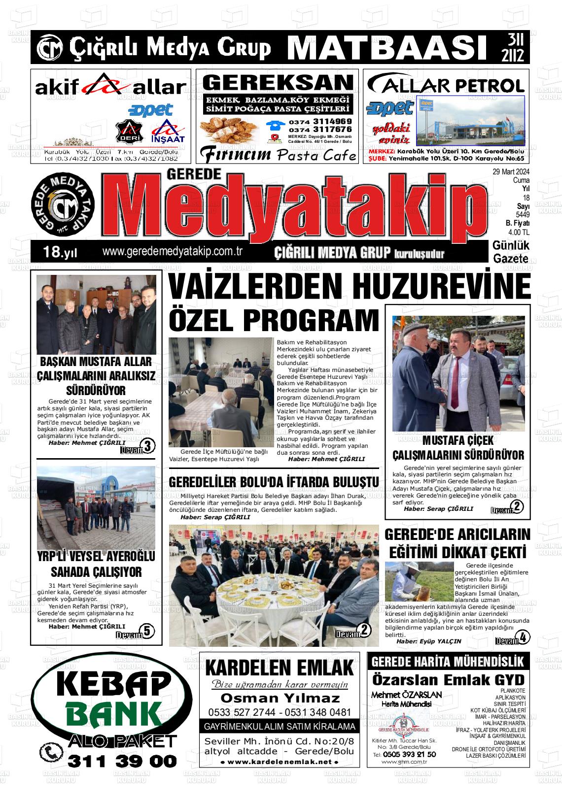 29 Mart 2024 Gerede Medya Takip Gazete Manşeti