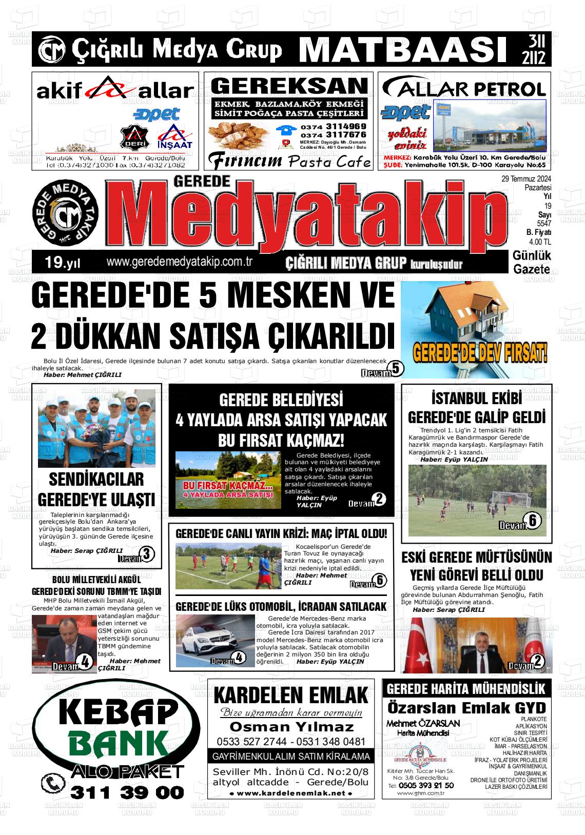 29 Temmuz 2024 Gerede Medya Takip Gazete Manşeti