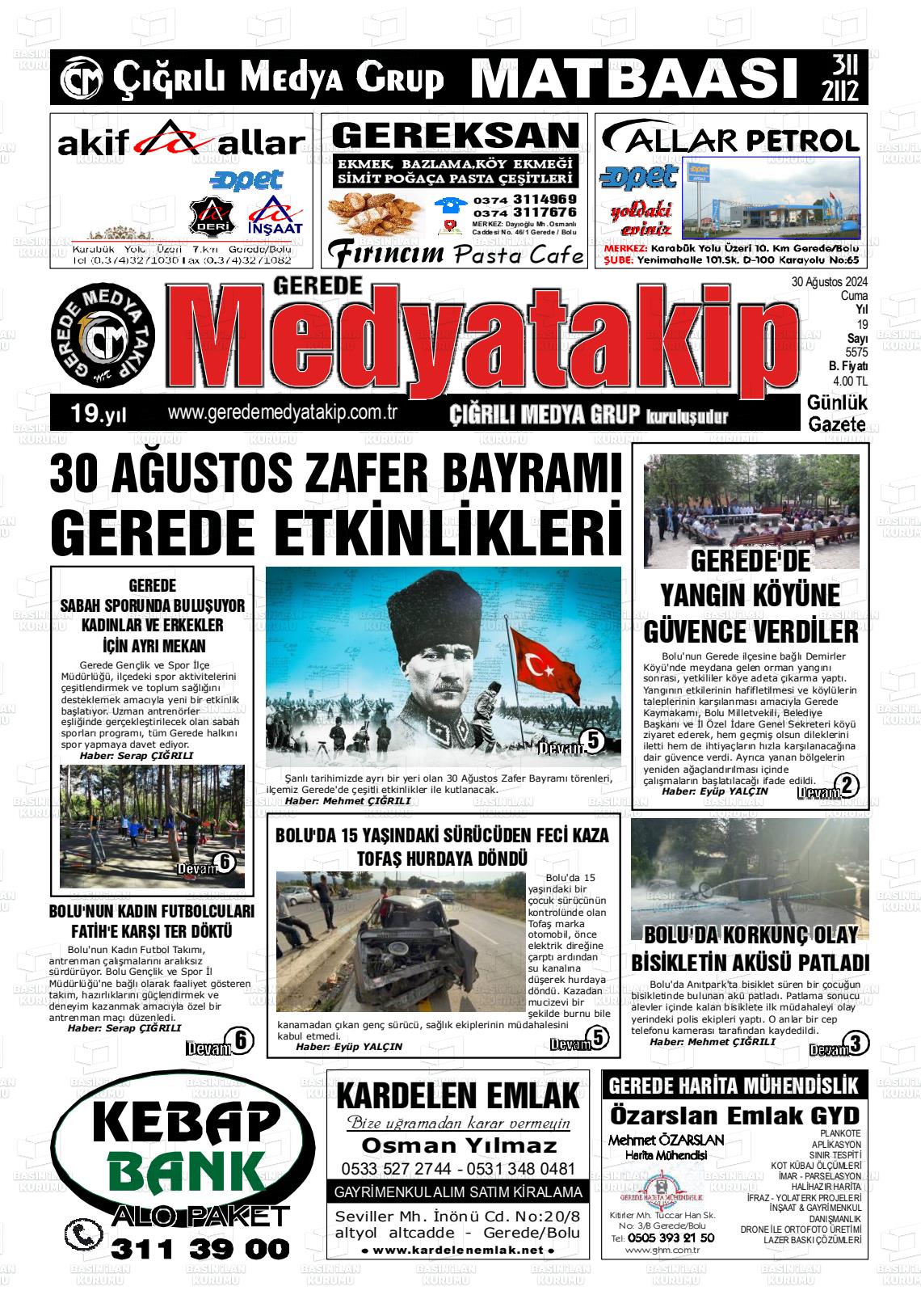 30 Ağustos 2024 Gerede Medya Takip Gazete Manşeti