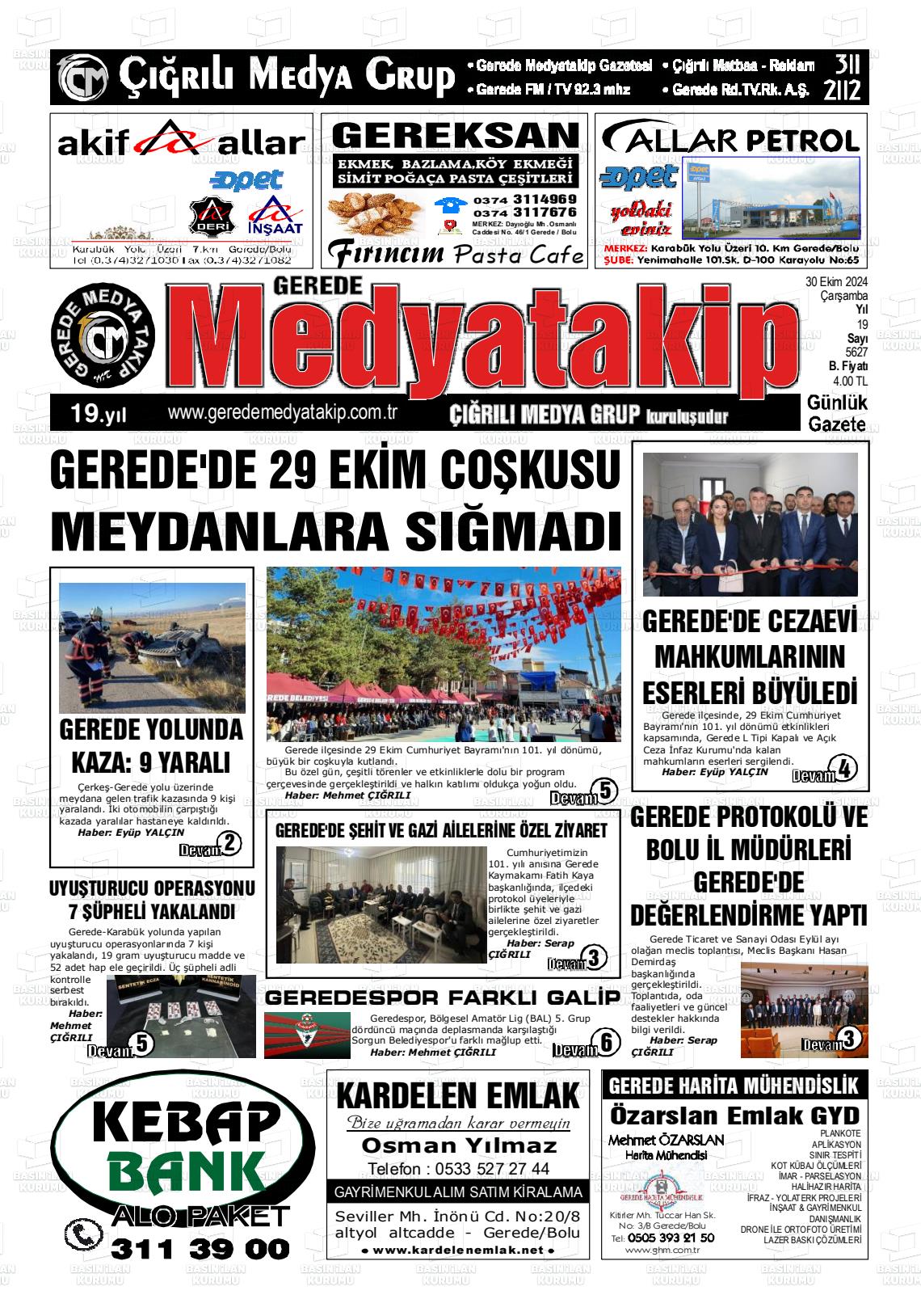 30 Ekim 2024 Gerede Medya Takip Gazete Manşeti