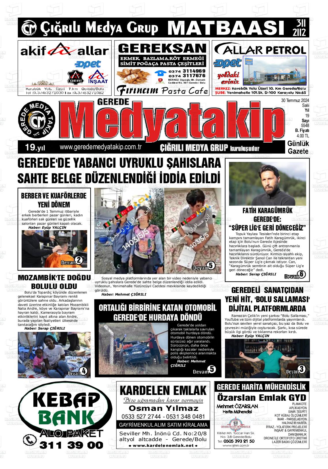 30 Temmuz 2024 Gerede Medya Takip Gazete Manşeti