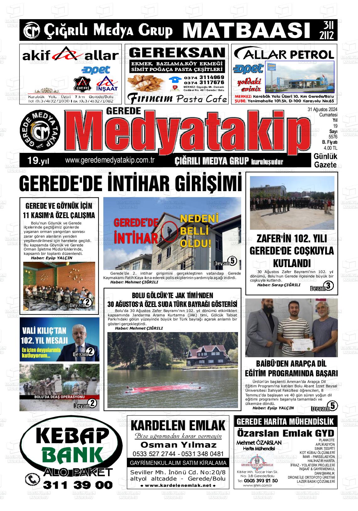 31 Ağustos 2024 Gerede Medya Takip Gazete Manşeti