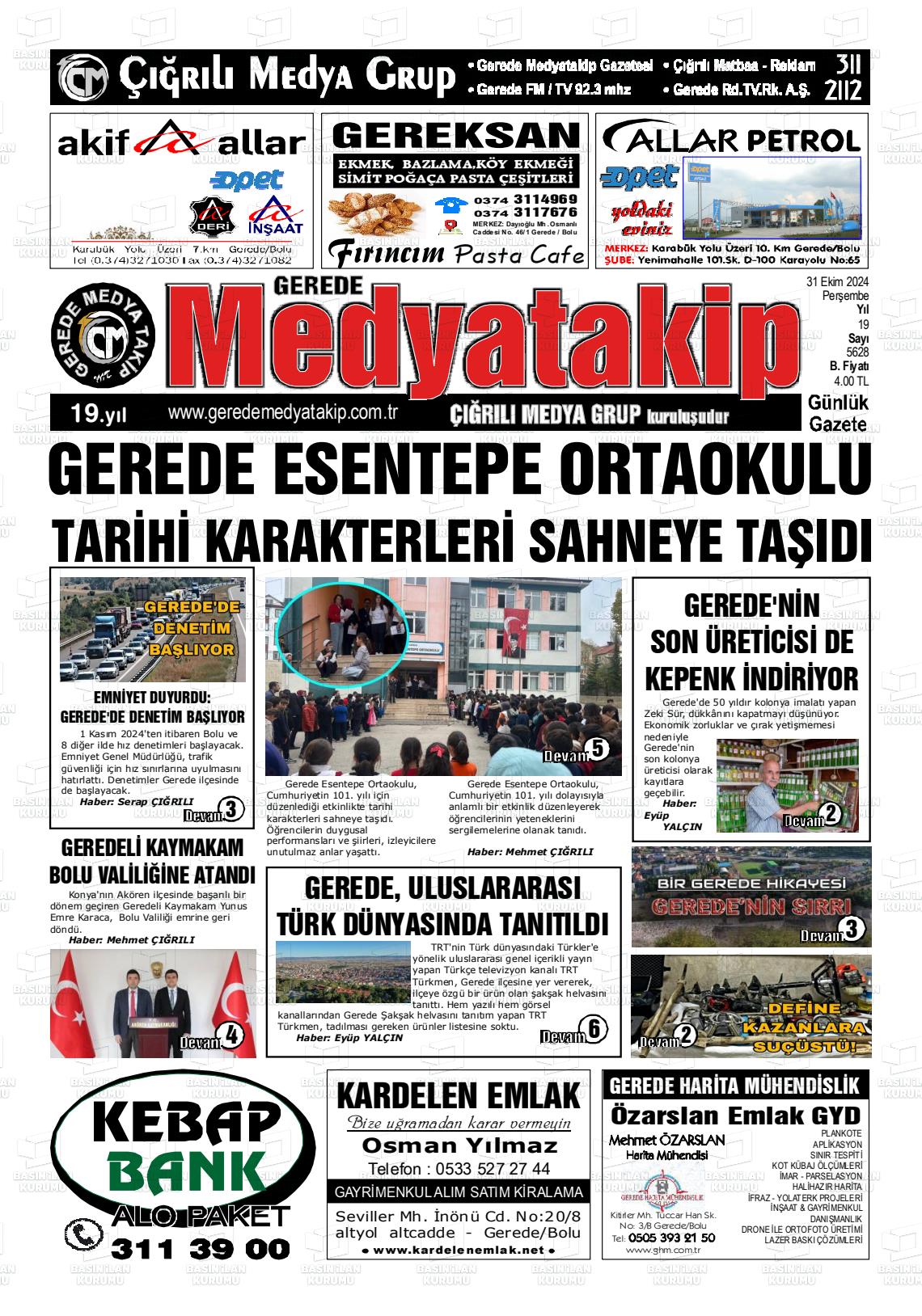 31 Ekim 2024 Gerede Medya Takip Gazete Manşeti