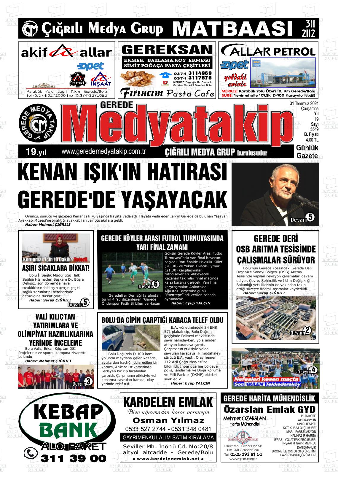 31 Temmuz 2024 Gerede Medya Takip Gazete Manşeti