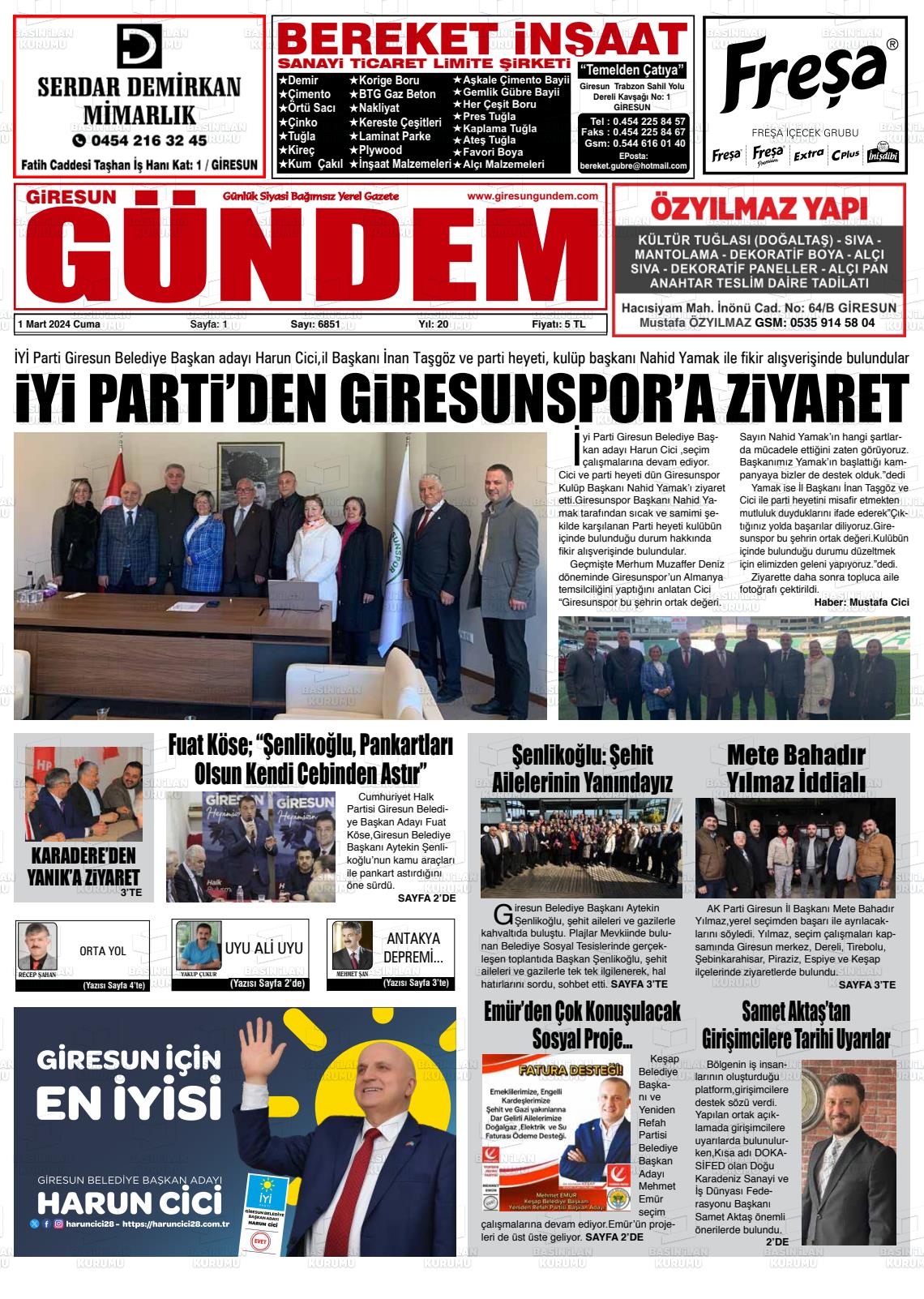 01 Mart 2024 Giresun Gündem Gazete Manşeti