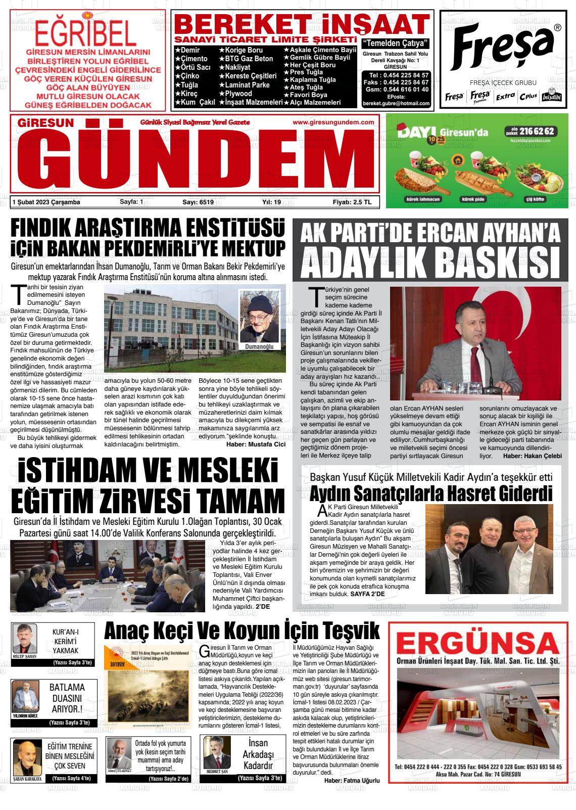 01 Şubat 2023 Giresun Gündem Gazete Manşeti