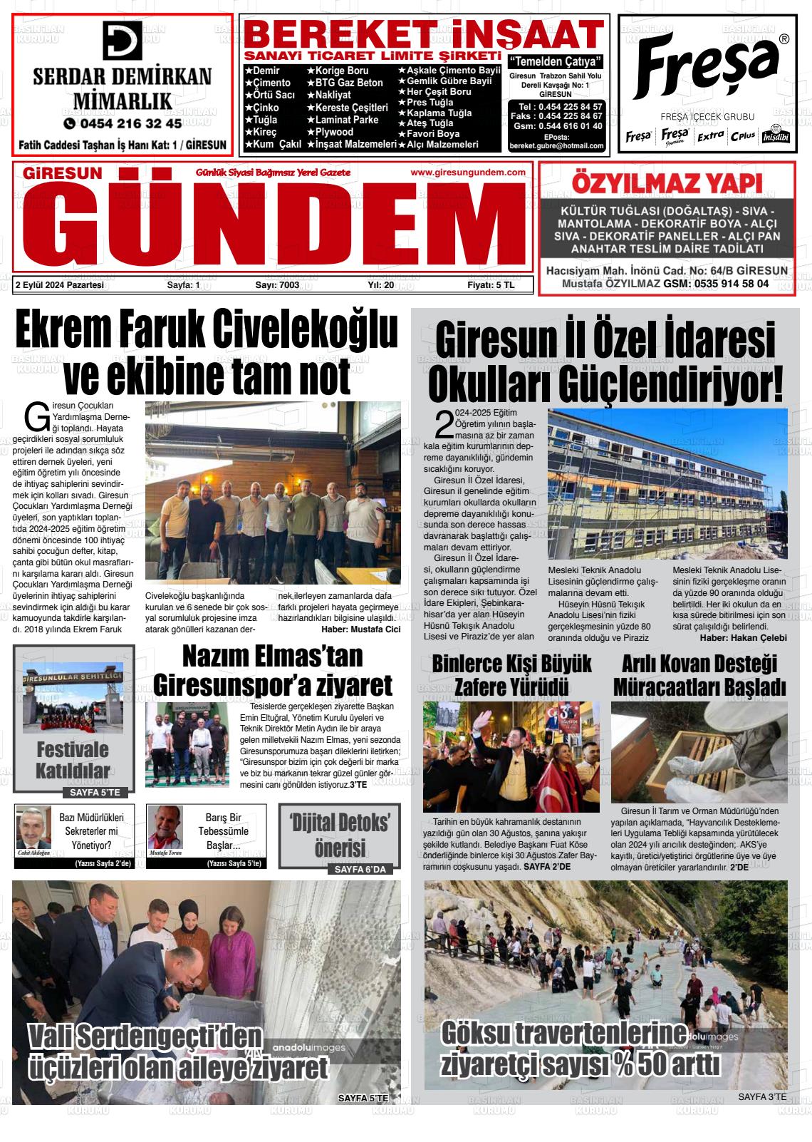 02 Eylül 2024 Giresun Gündem Gazete Manşeti