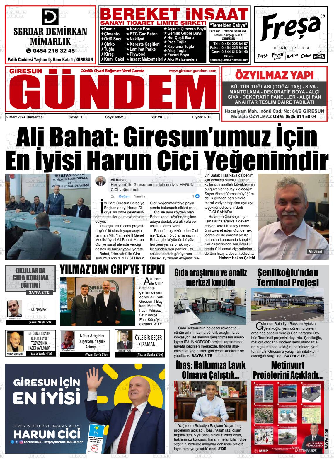 02 Mart 2024 Giresun Gündem Gazete Manşeti