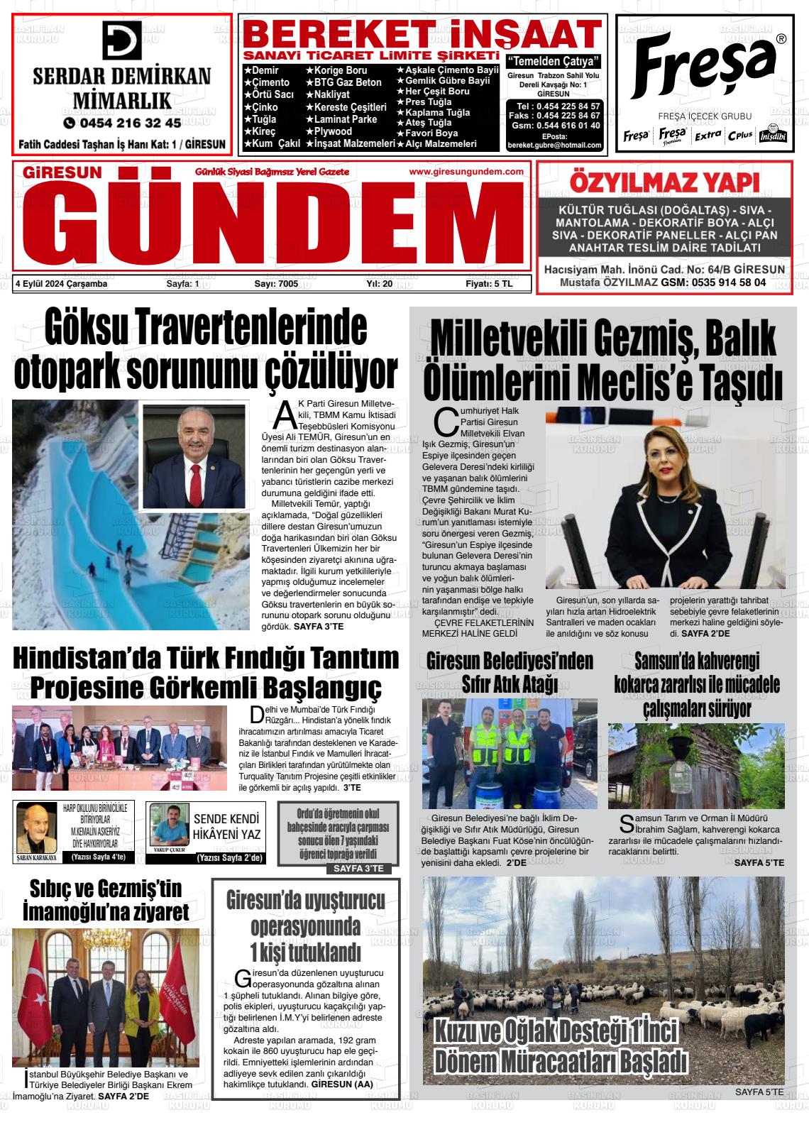 04 Eylül 2024 Giresun Gündem Gazete Manşeti