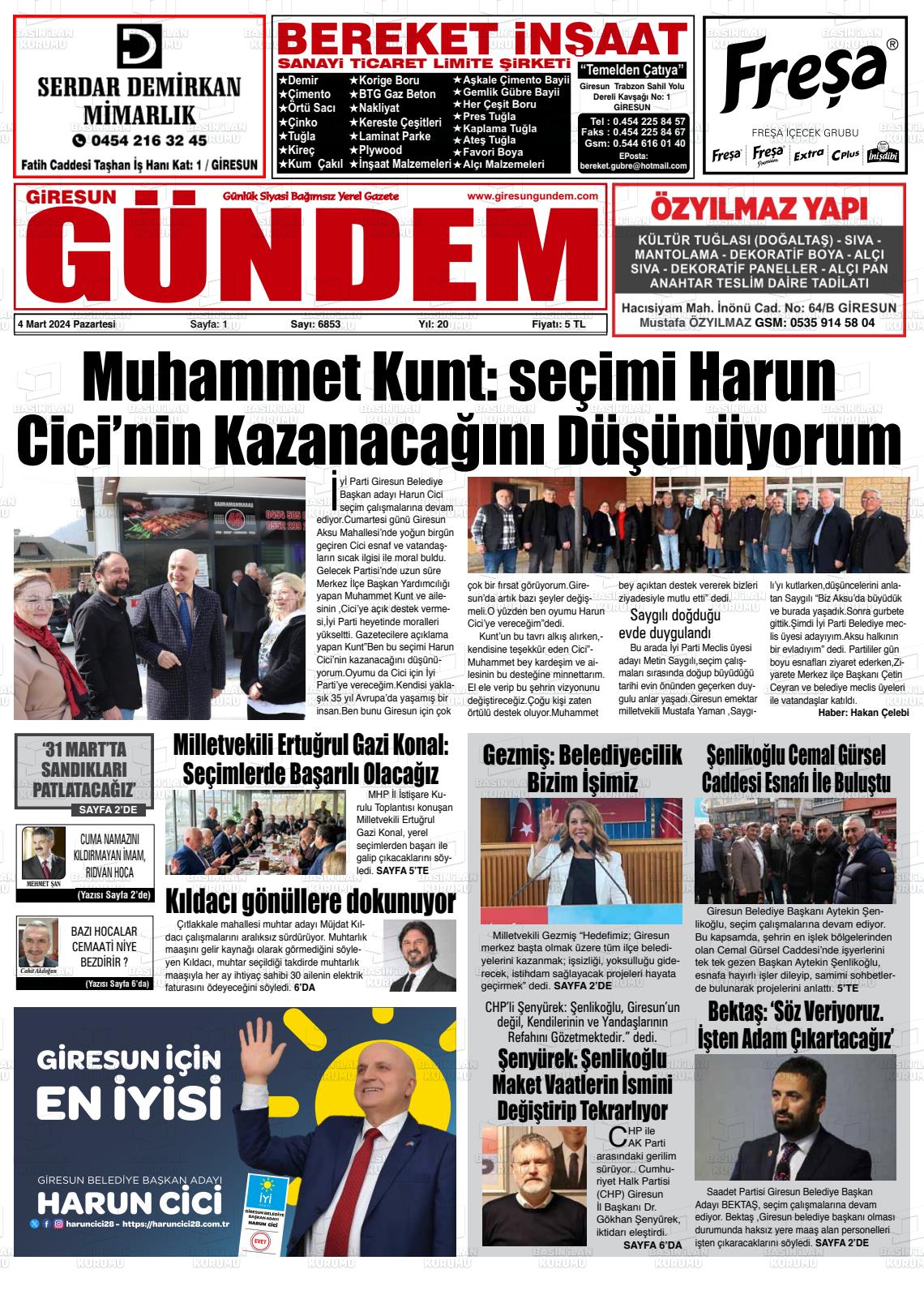 04 Mart 2024 Giresun Gündem Gazete Manşeti